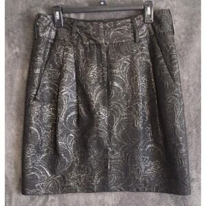 Elie Tahari Short Black Skirt w/Silver‎ Metallic Print Lined Size 12 Whimsy Goth